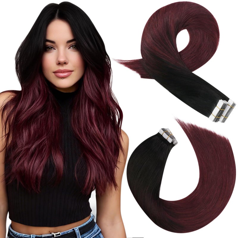 Moresoo Burgundy Tape in Hair Extensions Real Human Hair Off Black to Black with Wine Red Tape in Human Hair Extensions Balayage Real Hair Glue in Extensions 18 Inch #1B/99J 20pcs 50g - Image 1